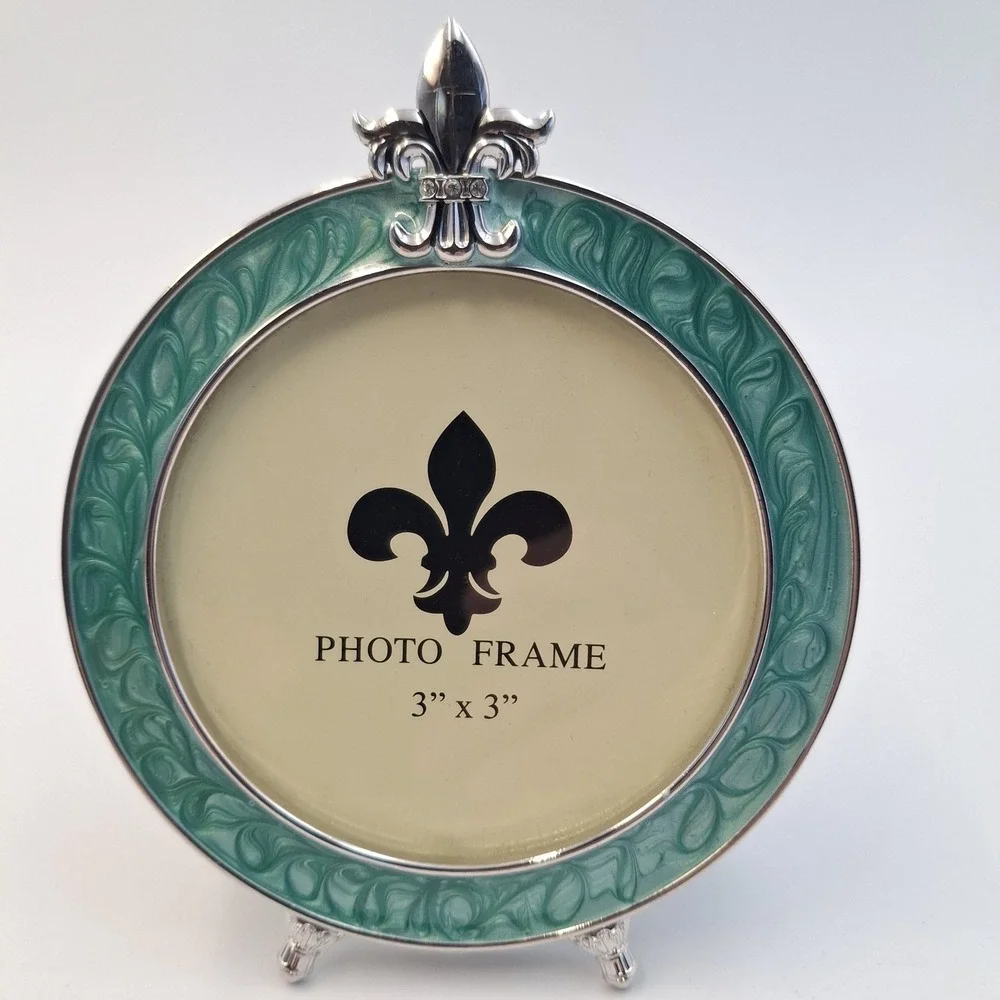 Vintage Fleur De Lis Photo Frame Set Teal Enamel Silver Tone Round Square Mini‎
